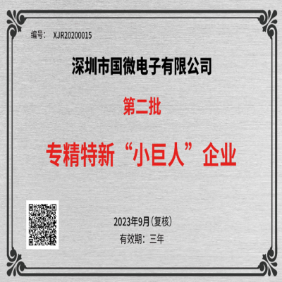 2023年9月，國(guó)微電(diàn)子被工業和信息化部中小(xiǎo)企業局再次認定為(wèi)國(guó)家級專精(jīng)特新(xīn)重點“小(xiǎo)巨人”企業